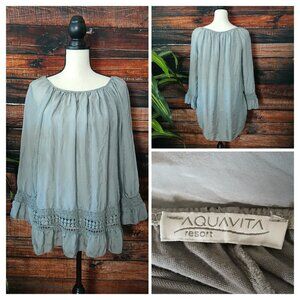 Aquavita Resort Peasant Blouse Top Silver Flowy Crochet Silk Blend Made In Italy